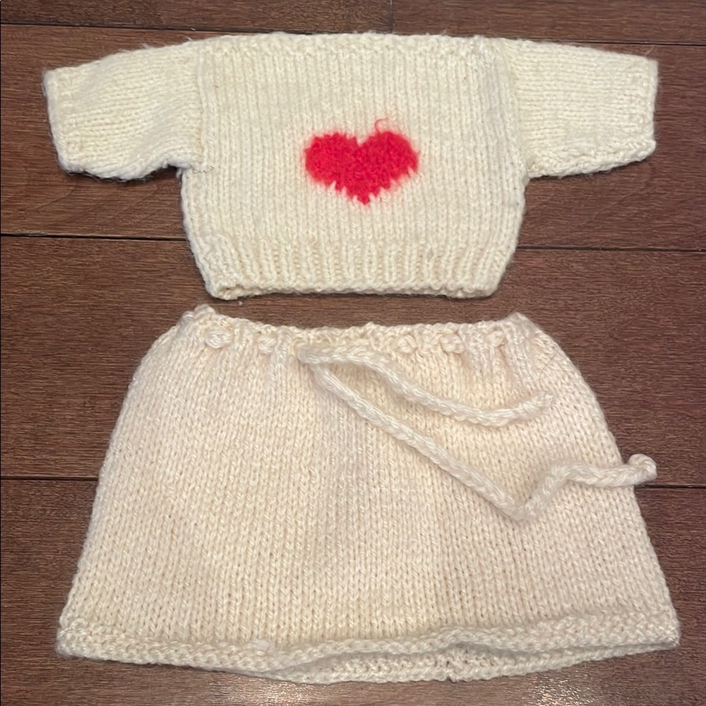 Handmade Cream Knit Baby Doll Outfit with Pink Heart